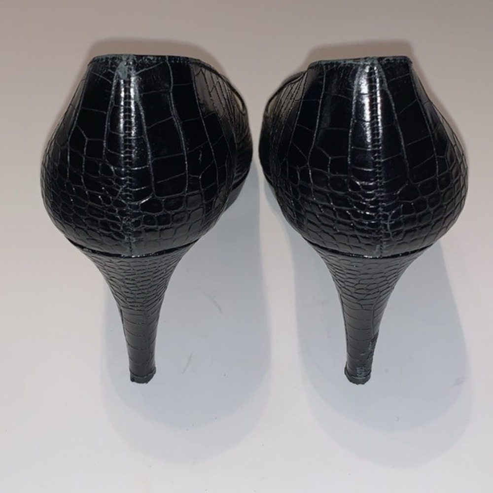 Vtg Prada Sz 36.5 Black Crocodile Embossed Leather Peep Toe Platform Pumps Heels - Picture 15 of 16